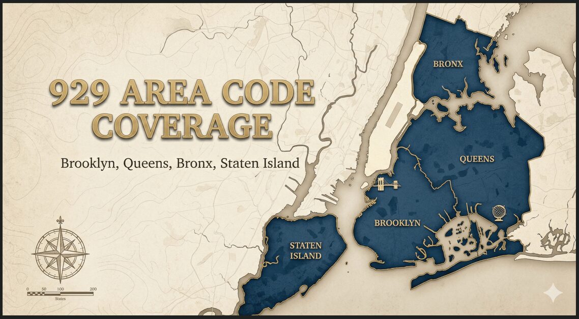 A detailed and professional map of New York City highlighting the 929 area code overlay regions, including landmarks like the Empire State Building and One World Trade Center.