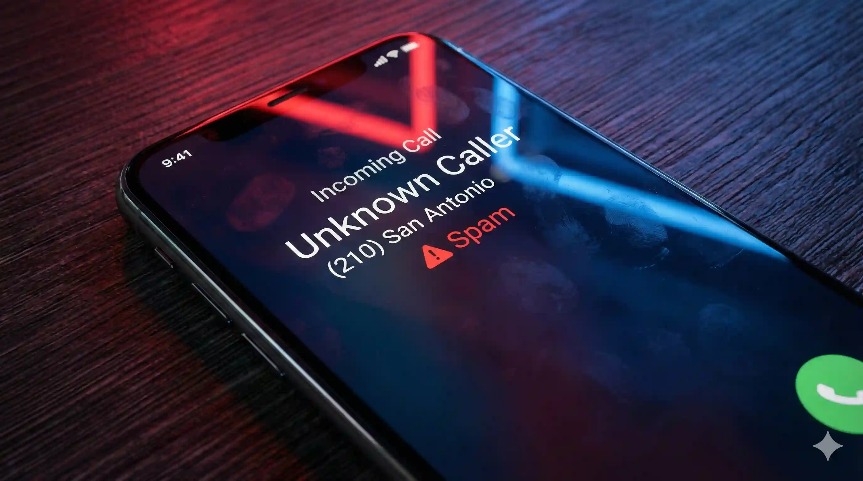A close-up photograph of a smartphone screen in a dark environment displaying a suspicious incoming call labeled "Unknown Caller (210) San Antonio" with a red spam warning icon visible.