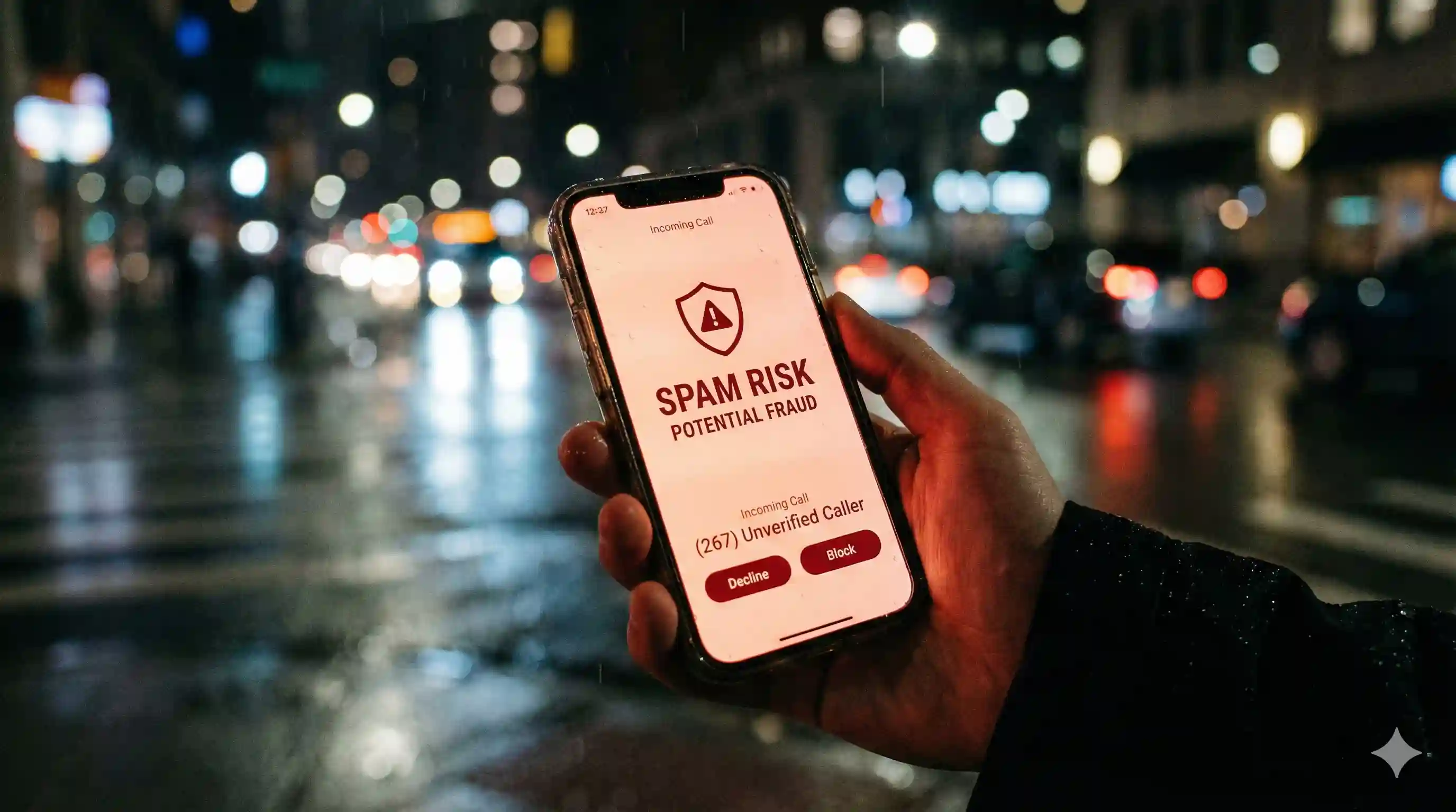 A close-up of a smartphone screen showing a spam risk alert for an incoming call from a 267 area code.