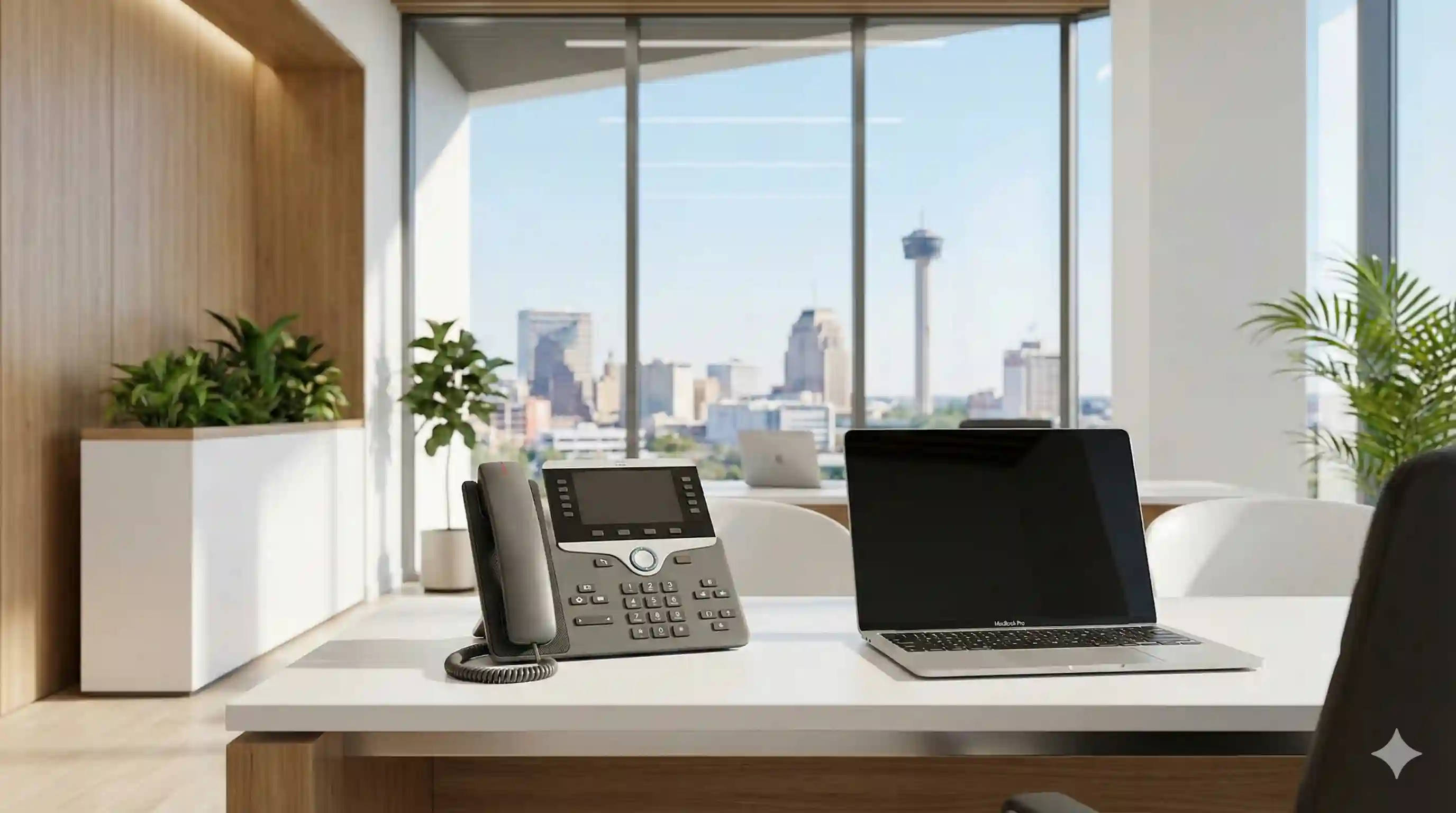 A modern office desk setup featuring a professional business VoIP phone and a laptop, looking out through a large window at the downtown San Antonio city skyline during the day.