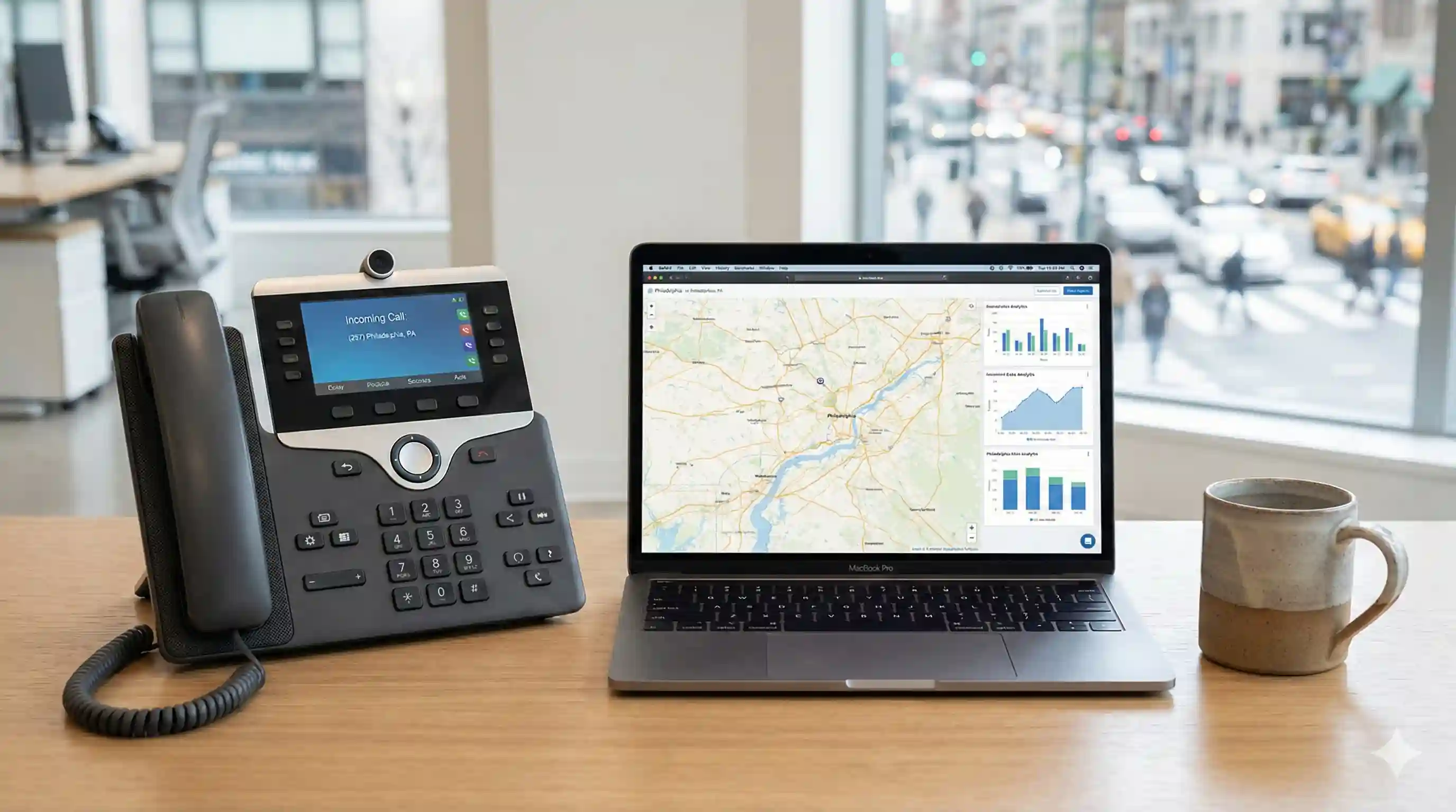 A professional office desk setup featuring a VoIP phone displaying an incoming call from a local 267 Philadelphia number.
