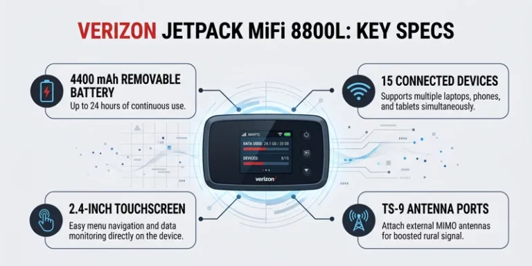 Infographic detailing the key specifications of the Verizon Jetpack MiFi 8800L, highlighting its 4400 mAh removable battery, 15 device connection capacity, 2.4-inch touchscreen, and TS-9 external antenna ports.