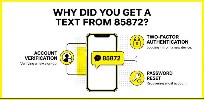 Infographic explaining why you received a text from the 85872 short code, highlighting account verification, two-factor authentication, and password resets.