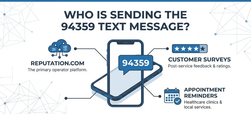 Infographic explaining who uses the 94359 short code, showing it connects to the Reputation.com platform for customer surveys and appointment reminders.
