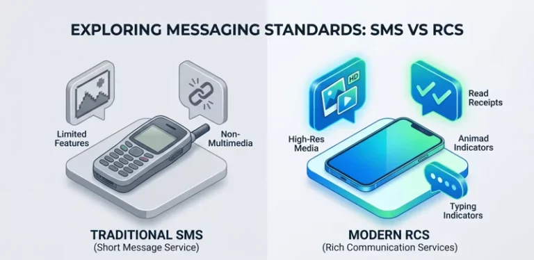 3D infographic explaining the text message rcs meaning iphone by comparing outdated SMS limitations with modern RCS high-resolution media and read receipts.