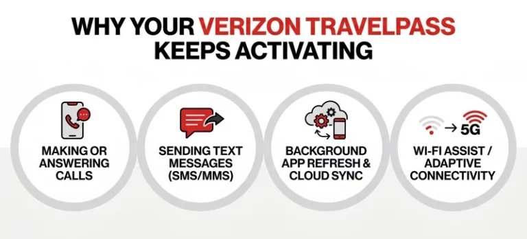 Infographic explaining the four main reasons why a Verizon travel pass keeps activating, including background data and Wi-Fi assist.