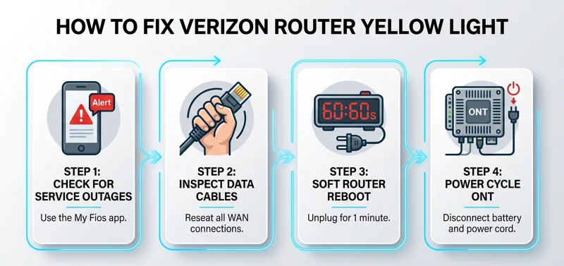 Modern flow-chart infographic outlining four steps to fix a Verizon router stuck on a yellow light, from checking outages to ONT power cycling.