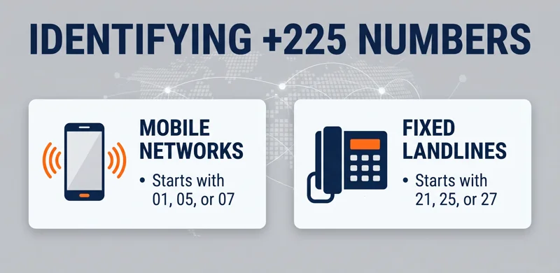 Split-screen telecommunications infographic explaining how to identify mobile network and fixed landline numbers in Côte d'Ivoire using specific 225 country code prefixes.
