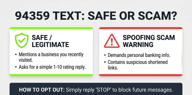 Split-screen security infographic comparing a safe 94359 text message with a spoofing scam warning, alongside instructions to reply STOP to opt out.
