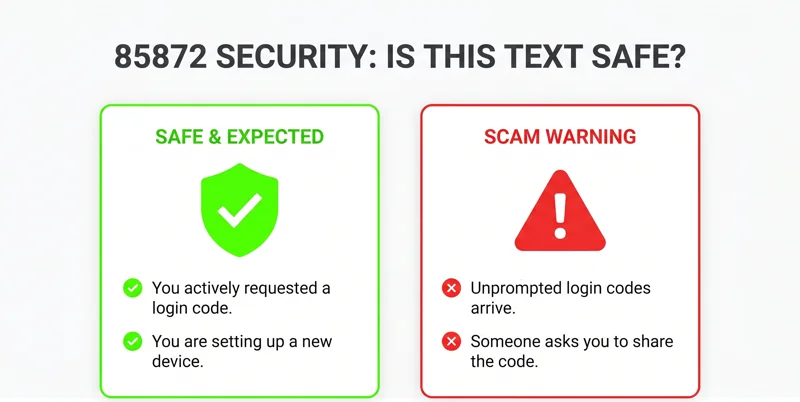 Split-screen security infographic comparing safe 85872 text messages with potential scam warnings and credential stuffing attempts.