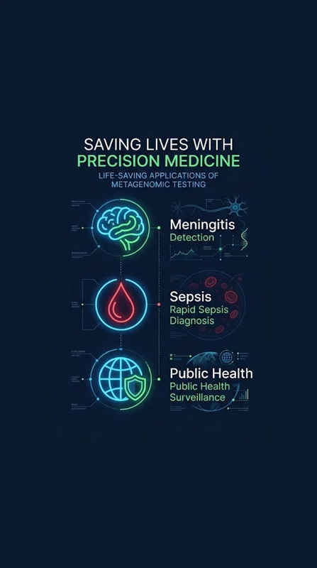 Infographic illustrating the life-saving applications of metagenomic testing, including rapid sepsis diagnosis, meningitis spinal fluid analysis, and epidemic public health monitoring.