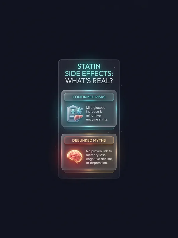 Healthcare infographic comparing real statin risks, such as mild glucose elevation and liver enzyme shifts, to debunked myths including memory loss and depression.