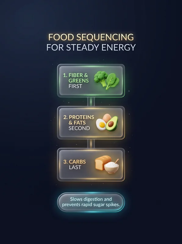 A visual guide to food sequencing showing three steps for steady energy: eating fiber and greens first, proteins and fats second, and carbohydrates last to prevent blood sugar spikes.